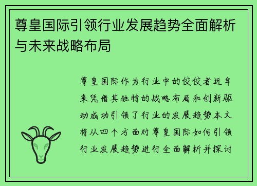 尊皇国际引领行业发展趋势全面解析与未来战略布局